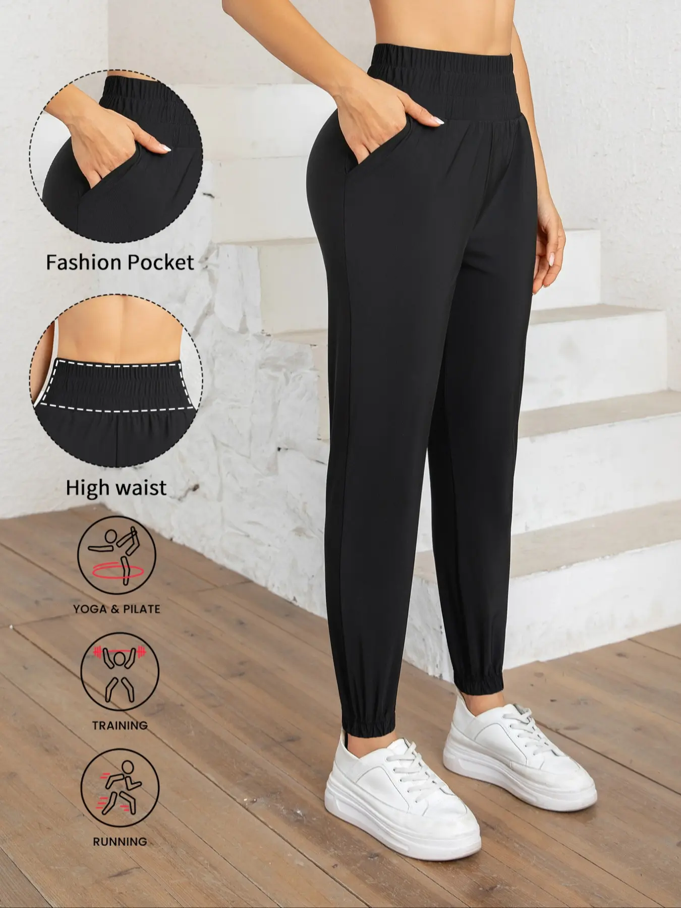 Women's High-Waisted Athletic Joggers, Quick-Dry Polyester Fabric, Elastic Waistband, Pocket Design, Loose-Fit 3/4 Length for Running & Yoga, Sports Trousers, Gym Pants
