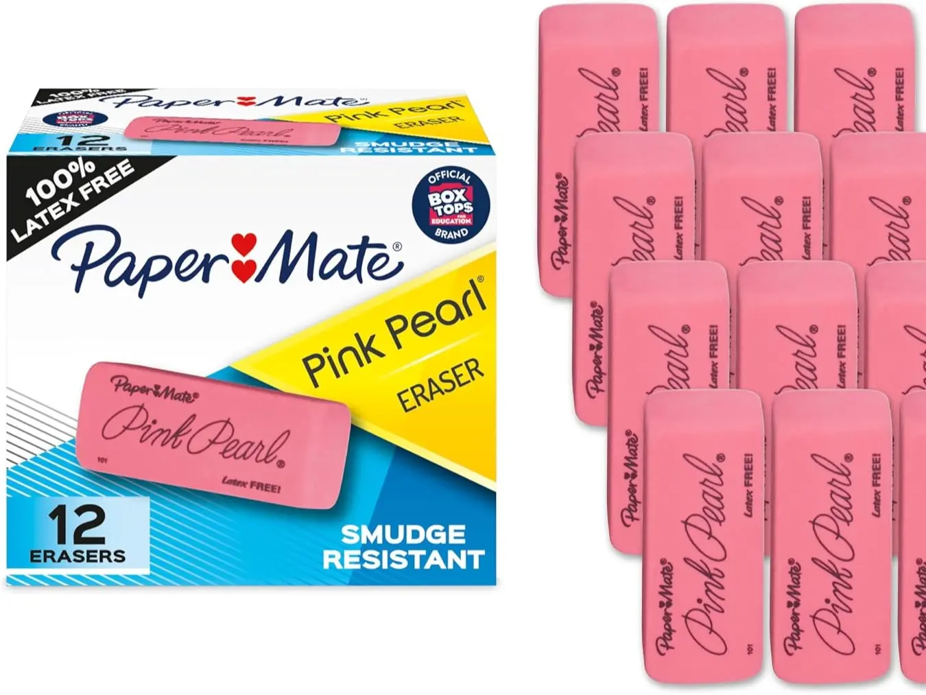 Paper Mate Erasers, Pink Pearl, 12 Count - Latex Free and Smudge Resistant, Back to School, Teacher Supplies