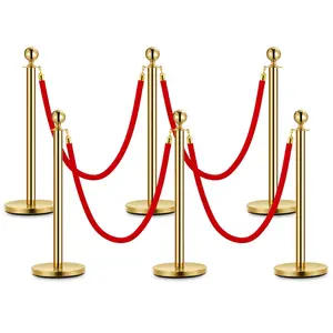 GARVEE Set of 6 Stainless Steel Gold Stanchion Posts with 5 FT Red Velvet Ropes and Hollow Bases, Ideal Safety Barriers for Parties, Events, and Carpet Runners