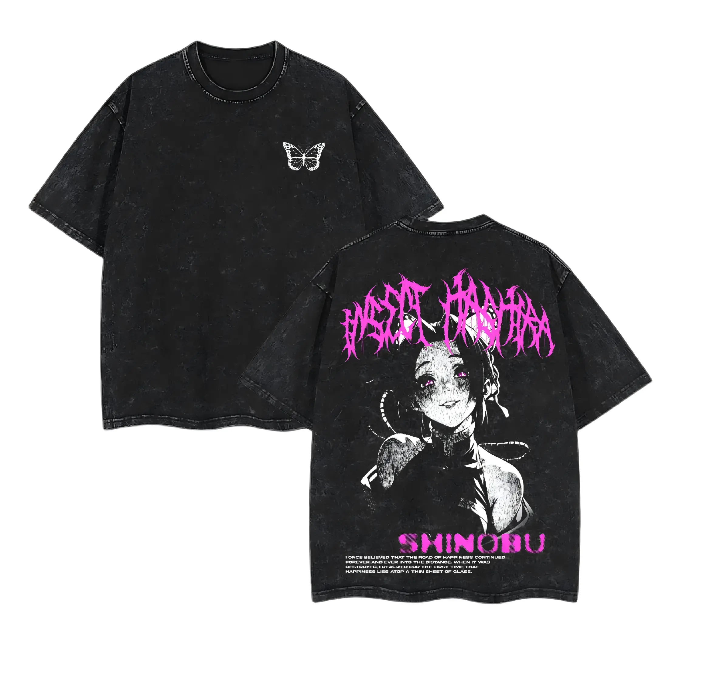 Shinobu Kocho - Kimetsu no Yaiba Anime Double Printed Vintage Washed Tee Unisex Anime Manga Washed Heavyweight Cotton T-shirt  Double Sided Print Pink Metal Font Shinobu Demon Slayer Gothic Anime Graphic Tee