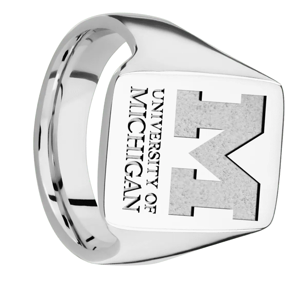 Large Rectangle signet ring (20x14.5mm) in Cobalt Chrome, with a Thin style band and a Michigan Wordmark Stacked engraving.