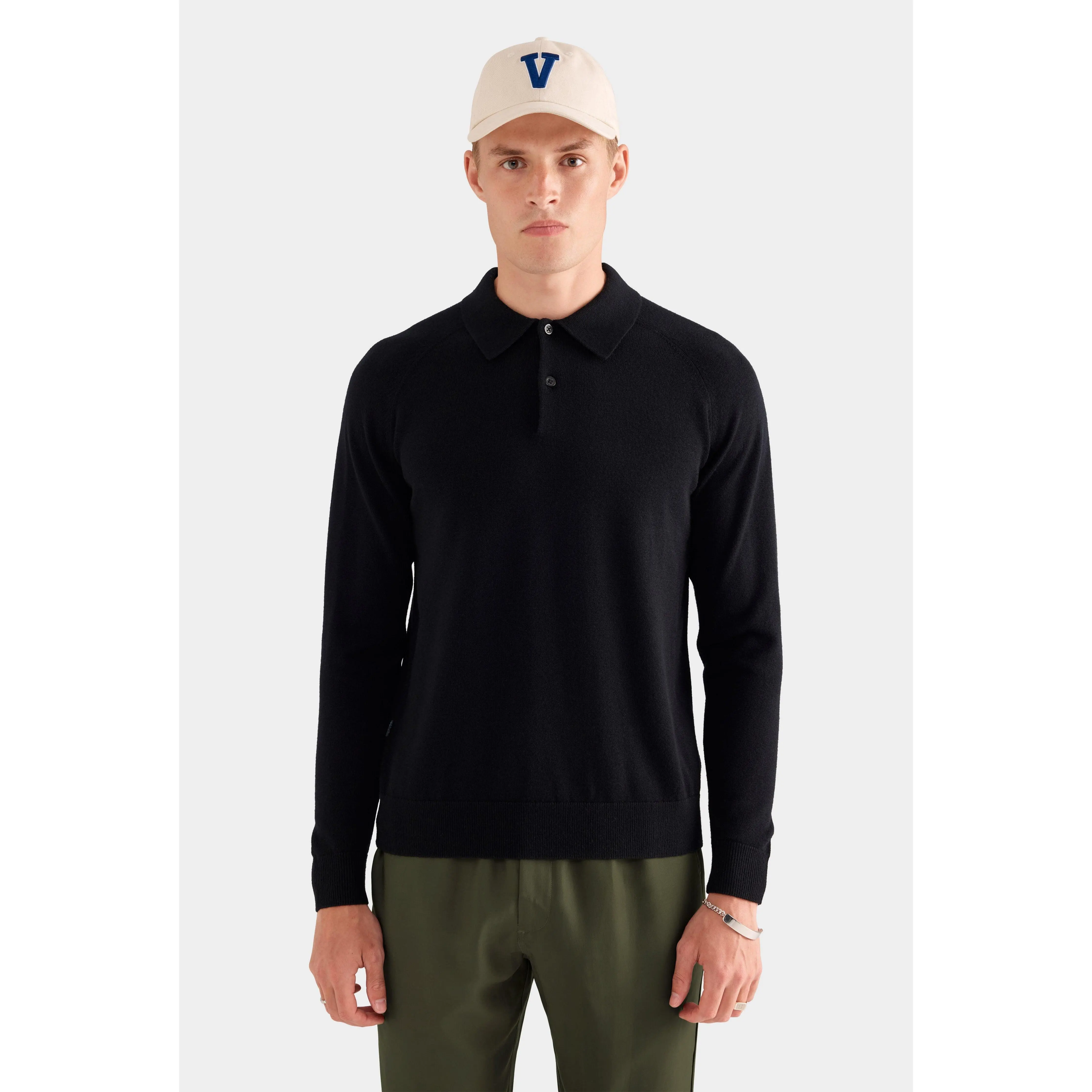 Merino Wool Knit Polo - Black