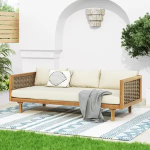 3-Seat Classic Outdoor Daybed - Acacia Wood Frame, Rattan Arms, 67.5" Width, Open Slat Back, Beige Cushion, Three Seats