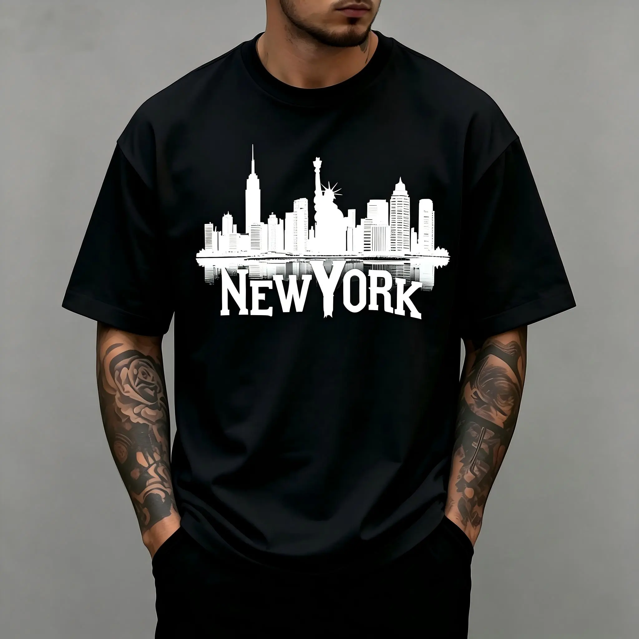 New York City Skyline Statue Of Liberty Unisex T-Shirt for Men & Women - NYC Travel Design, Soft Cotton Crew Neck Short Sleeve, Comfortable All-Season Tee, Perfect for Everyday Casual & City Souvenir Style, Machine Washable
