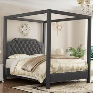 Full Canopy Bed Frame with Upholstered Headboard,Four Poster Design,Button Tufted,and Slide Rail,No Box Spring Required,Wooden Slatted Structure,Gray