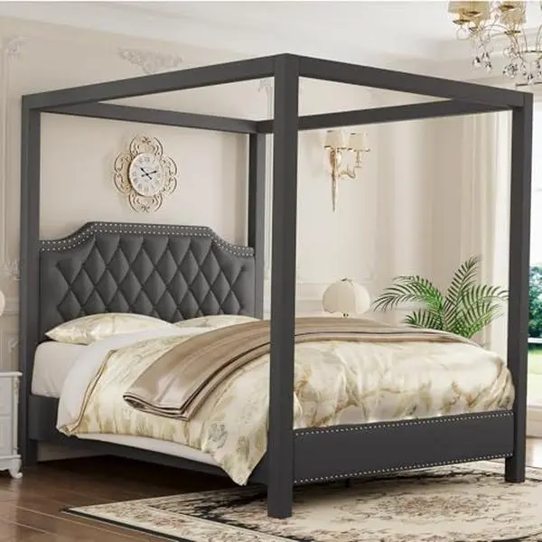 Full Canopy Bed Frame with Upholstered Headboard,Four Poster Design,Button Tufted,and Slide Rail,No Box Spring Required,Wooden Slatted Structure,Gray