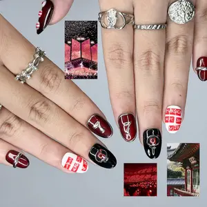 Kpop Arirang Dark Spirit Nails| Burgundy Chrome Rock Fandom Press Ons|HB1323IC
