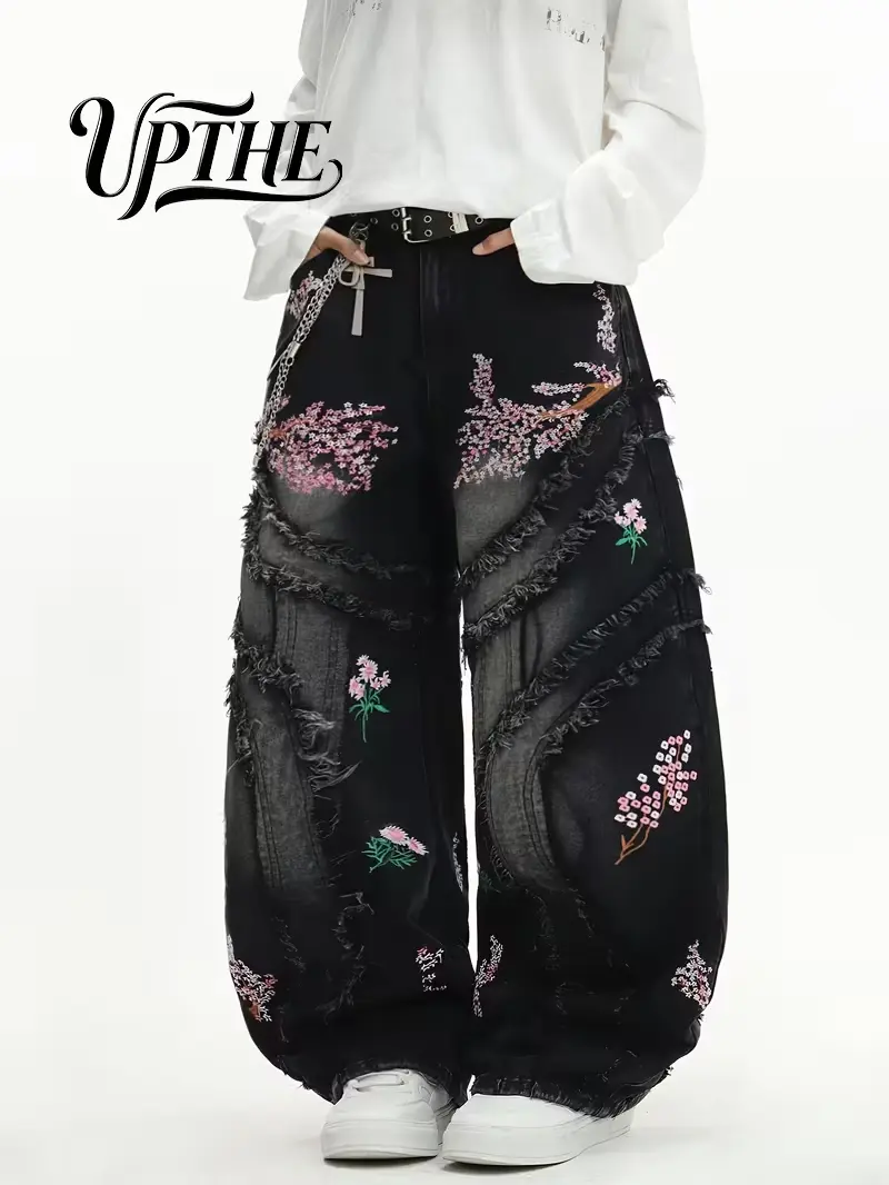 UP.THE Layered Curly Raw Frayed Patchwork Sakura Floral Embroidery Oversized Wide Leg Baggy Black Jeans Men Vintage Washed Stacked Denim Pants Y2K Grunge Hip Hop Asian Streetwear Daily Casual Outfit