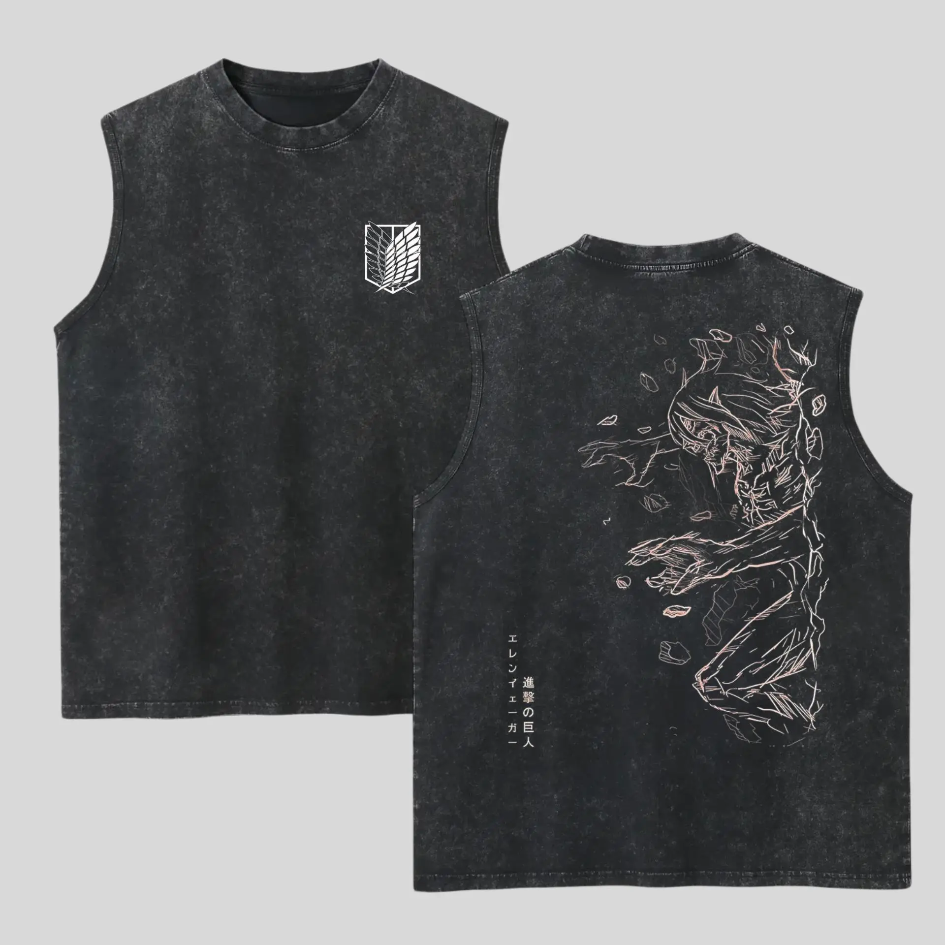 2-sided Anime Attack On Titan Washed Tank Top, Gym Essential, Vintage Casual Crewneck Sleeveless Menswear T-shirts Classic Cotton Fabric Streetwear