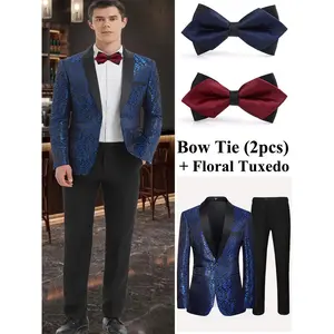 Men'S Wedding Tuxedo Set + Classic Bow Tie - Elegant Floral Jacquard Blazer - Polyester Suits