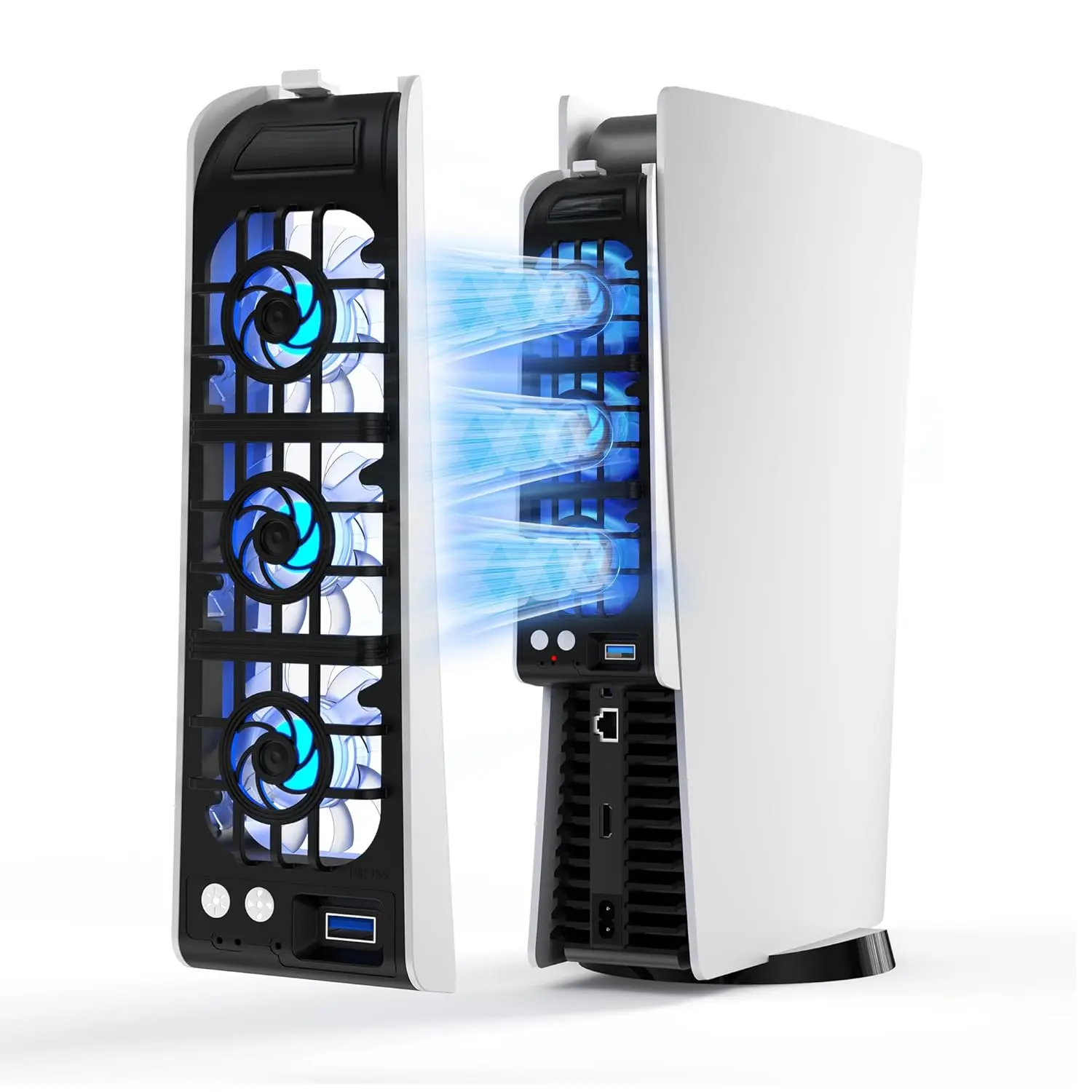 Cooling Fan for PS5, Upgraded 9-Blades & Larger Fan Quiet Cooler with Auto Speed, Extra USB3.0 Port & LED Light for PS5 Only, Not for PS5 Slim/Pro, White