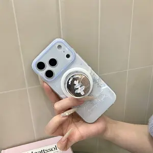 MagSafe For iPhone 17 16 15 14 13 Pro Max Ring Holder Blue Bow Angel Bird Cute Aesthetic Grip Stand with Floral Design