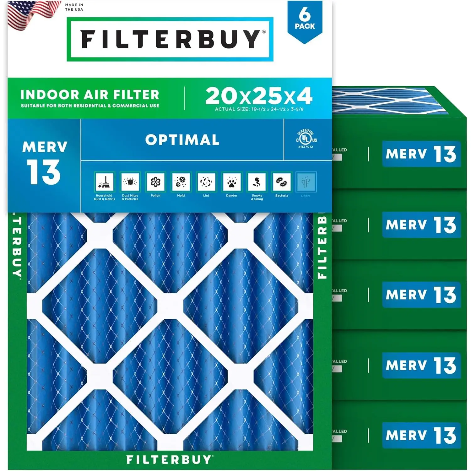 Filterbuy Rectangular Pleated Shape 20x25x4 Air Filter (6-Pack), MERV 13 Optimal Defense HVAC AC Furnace Filters with Electrostatic Charge & Particle Capture (Actual Size: 19.5x24.5x3.63 in), 19.5X24.5", Synthetic Media