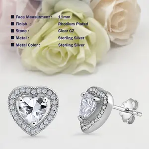 11mm Heart Halo Stud Earring Cubic Zirconia 925 Sterling Silver Women Earring