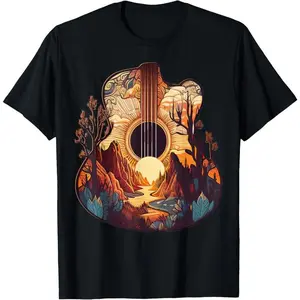[100% Cotton] 100% Cotton Guitar Landscape Music Lover- Acoustic Guitar Player Graphic T-Shirt T-Shirt For Men And Women