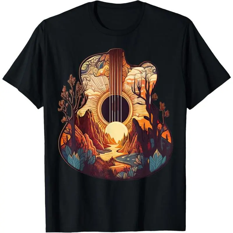 [100% Cotton] 100% Cotton Guitar Landscape Music Lover- Acoustic Guitar Player Graphic T-Shirt T-Shirt For Men And Women