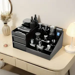 Desktop Cosmetic Organizer, Black and White Makeup Storage Box with Drawers and Compartments for Cosmetics and Lipsticks, Pull-Out Cabinet Organizer, Cologne Rack, Multi-functional Plastic Makeup Organizer.