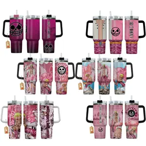 Doflamingo 40oz Pink Pirate King Aesthetic Tumbler - Insulated Stainless Steel Travel Mug - Strings of Fate Graphic Anime Inspired Cup with Handle