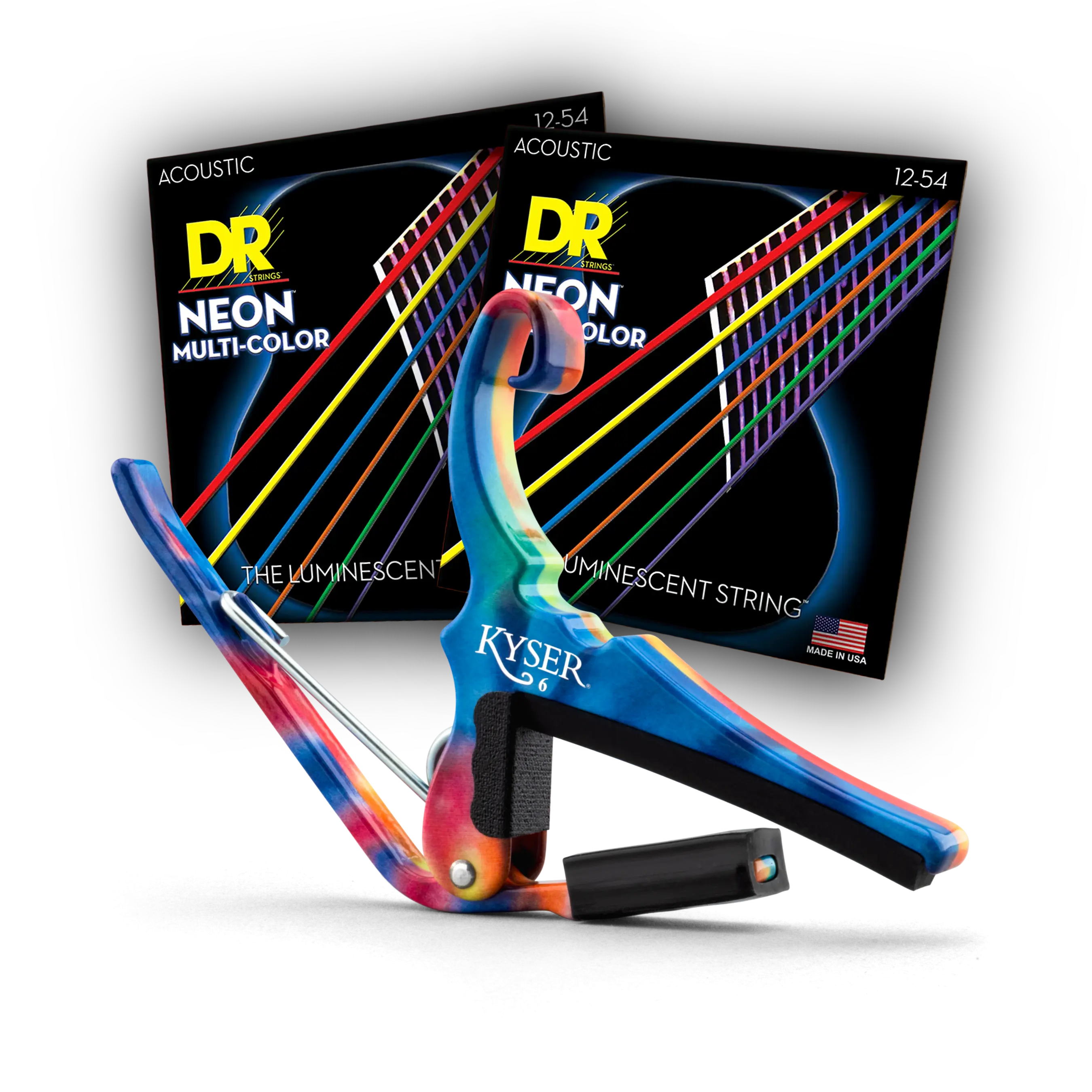 Kyser Quick-Change Capo & DR Tie-Dye Strings Acoustic Guitar Accessories Bundle - Neon