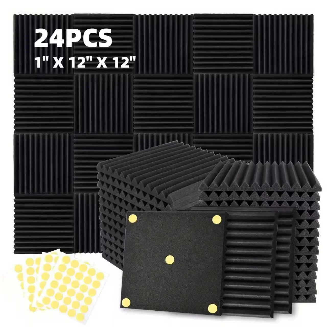 Soundproofing 12 Grooves 24 Packs Noise Reduction Foam Panels 1" x 12" x 12" with 120PCS Double-Side Adhesive. Noise-Cancelling Foam Panels optimize sound quality for room decoration, ideal for creators, streamers, and gamers. Room Accessories.