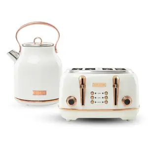 Haden Heritage 4 Slice Wide Slot Toaster & Electric Water Kettle, Ivory & Copper