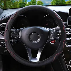 Four-Season PU Leather Car Steering Wheel Cover, Breathable Anti-Slip Design, Elastic Fit, Classic Pattern, Durable Fiber Material
