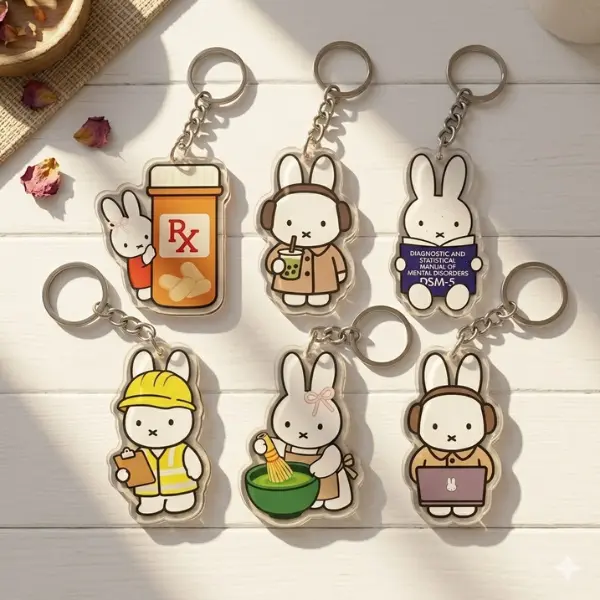 Funny Bunny Rabbit Sparkly Retractable Keychain Cute Engineer Matcha Rx Pharmacy Scrubs Acrylic For Nurse Tech Student Gift