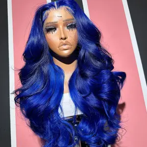 Colored Blue Human Hair 180 Density Wigs Transparent Sapphire Blue Body Wave 13x4 Lace Frontal Wig Pre Plucked Brazilian Remy Hair Wig