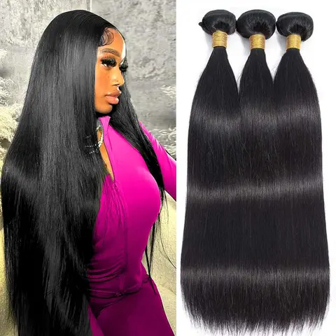Straight Bundles Human Hair Raw Thick Body Wave Hair Unprocessed Brazilian Virgin Remy Hair Natural Black 1/3 PC Bundles Human Hair Extension for Women 95g No Tangle No Shedding