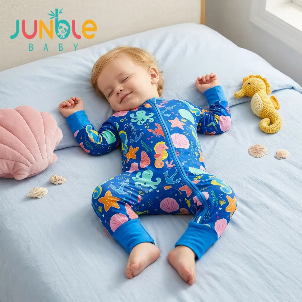 Junblebaby Natural Bamboo Fiber Baby Onesie,baby bamboo zipper romper,baby romper, Allover Blue Base fishing outfit Octopu Seahorse Shell Crab Anchor Ocean Print Long Sleeve Romper with 2-Way Zipper, Daily for Newborn 0-3 Years Old mitten cuff foot