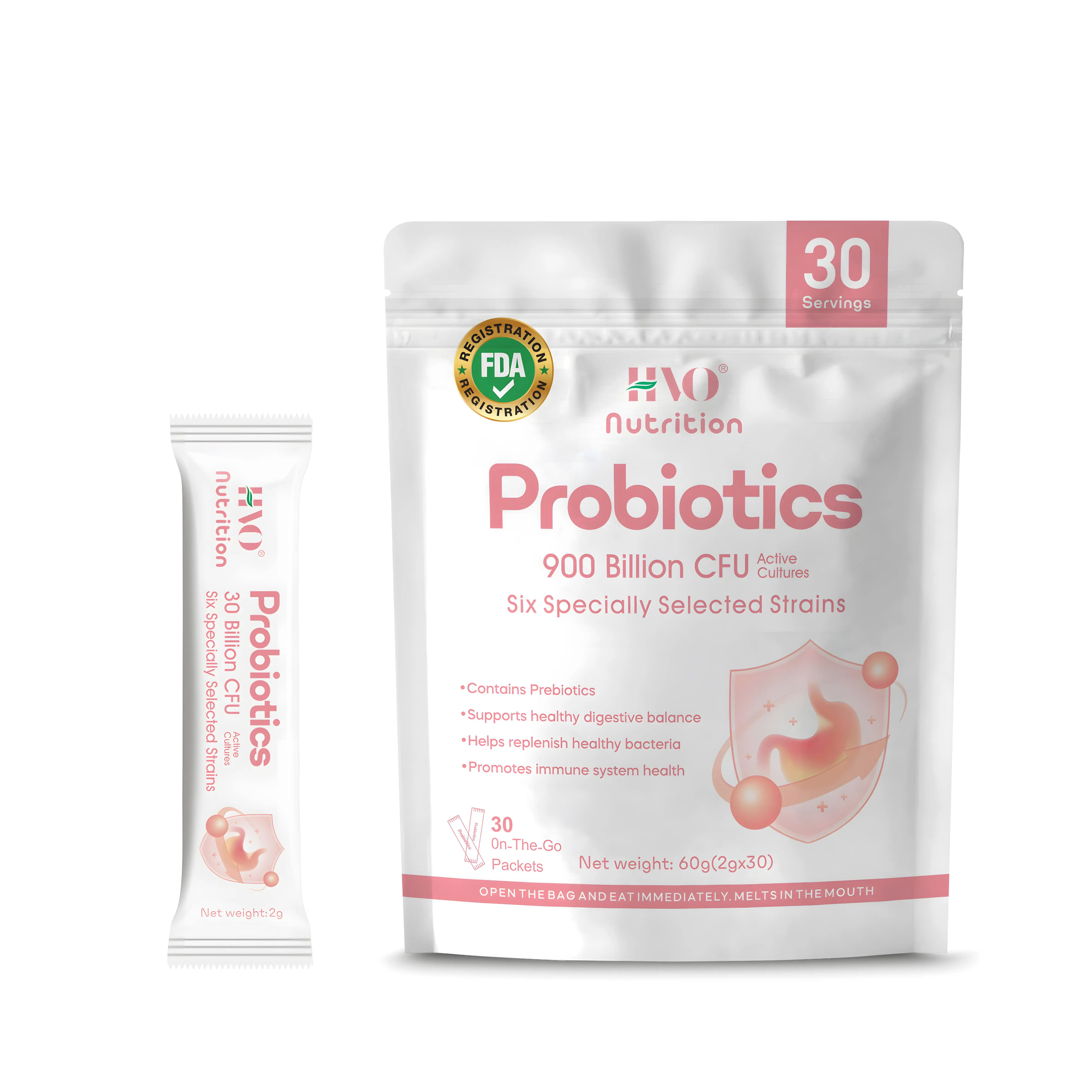 HVO Probiotics Dietary Healthcare Supplement - 900B CFU, 6-Strain Daily Gut & Digestive Health Support, Bloating & Gas Relief, Portable On-the-Go Sachets, 30 Count