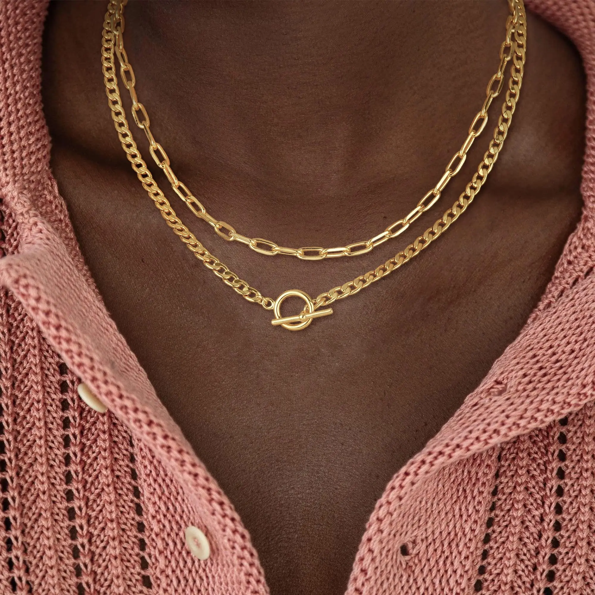 Chesky Gold Double Layer OT Buckle Necklace Paperclip Chain & Flat Cuban Chain Waterproof Layered Design Minimalist Luxury Everyday Jewelry for Women
