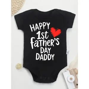 Cute Baby Bodysuit With Happy 1st Fathers Day Daddy Print Soft Versatile Round Neck Button Detail Regular Fit All Seasons Knitted Fabric Onesie