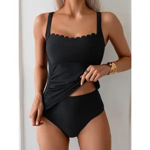 2026 New Black Scallop Trim Tankini Swimsuit, Square Neck Sleeveless Ruched Tummy Control Two Piece Bathing Suit for Beach Pool Vacation