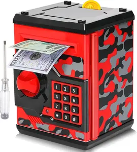 ATM Piggy Bank for Boys Girls, Mini ATM Coin Bank Money Saving Box with Password, Kids Safe Money Jar for Adults with Auto Grab Bill Slot, Great Gift Toy Bank for Kids(Camouflage Red)