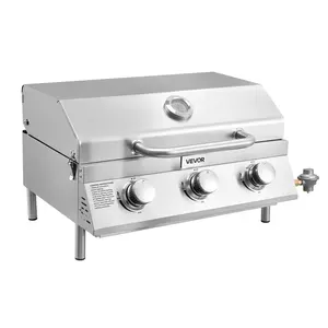 VEVOR Thick Stainless Steel Tabletop Gas Grill, 3-Burner Portable Propane BBQ with Built-in Thermometer, Travel Locks, Weatherproof Lid, 22500 BTU, Oil & Heat Resistant, for Outdoor Patio, Camping