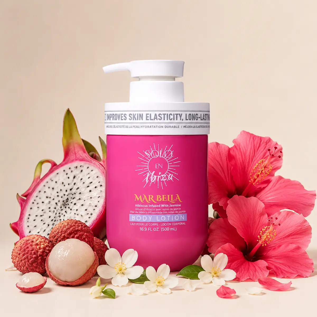 Solo En Ibiza Marbella Vegan Gentle Body Lotion, 16.9oz/500ml - Pitaya, Lychee, Jasmine, Vanilla Fragrance, Daily Body Care Moisturizer with Long-Lasting Scent, Hydrating Moisturizing Skin, Cruelty Free, Full Body