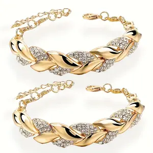 2 Pcs Fashion Alloy Bracelet Set Bohemian Golden Leaf-Shaped Exquisite Sparkling Rhinestone Bangle Elegant Women Chic Adjustable Women Wedding Party Jewelry Chain Set