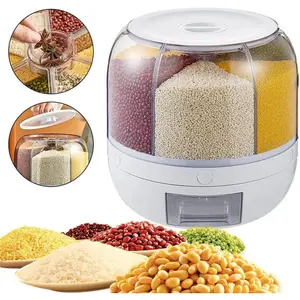 Grain Storage Container Dispenser, 6 Grids Rice Dispenser Rotating, 360 °   Rotating Food Dispenser One-Click Output Rice Storage Round Grain Dispenser Kitchen for Small Grains, Beans, Rice