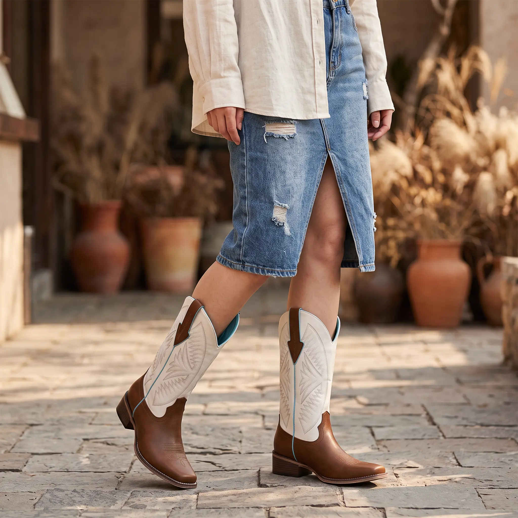 【Clearance】Women's Pull-On Western Wide Calf Boots - Square Toe, Embroidered Shaft, Chunky Heel, Coastal Cowgirl/Cowboy Aesthetic/Urban Cowboy Footwear for Fall, Country Concert Walking Shoes (TikTok Shop Spring Glowup), Rodeo Outfit Inspo