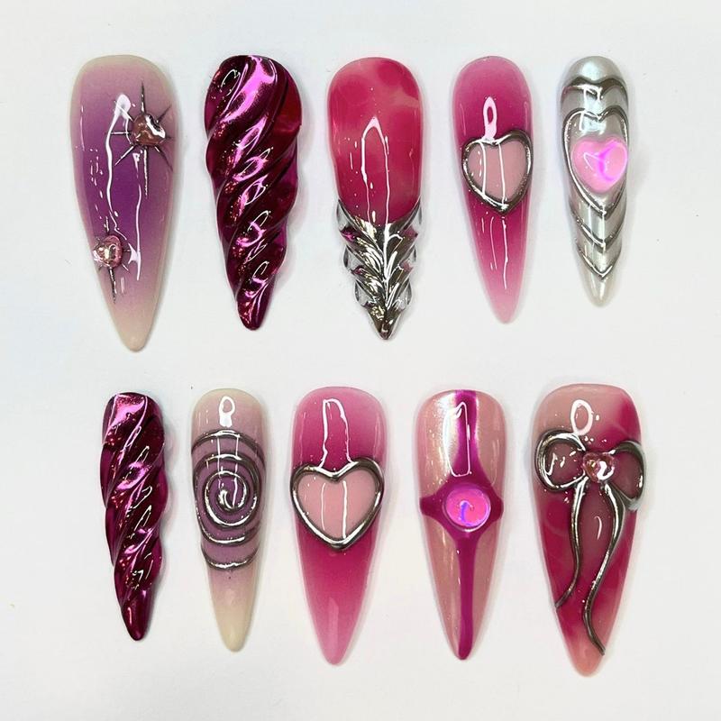 Pink French Tip with Heart Extra Long Coffin Press On Nails, Luxury Fake Nails, False Nails, Glue On Nails