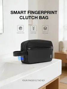 Fingerprint Unlock Men's Wash Bag, Portable Storage Pouch, Fashionable Makeup Bag, Minimalist Design, Zipper Closure, Gift Box Included
