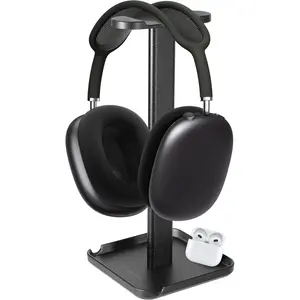 2-in-1 Aluminum Headphone Stand & Phone Holder Rack - Sleek, Sturdy & Ergonomic Design Gaming Headset Stand for Desk Organization - Gamer Gifts (Black)