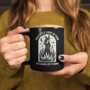 Witch Burning Mug – “This Little Light of Mine” Parody, Funny Dark Humor Coffee Cup, Gothic Witchy Mug, Halloween Gift, Black Ceramic Mug