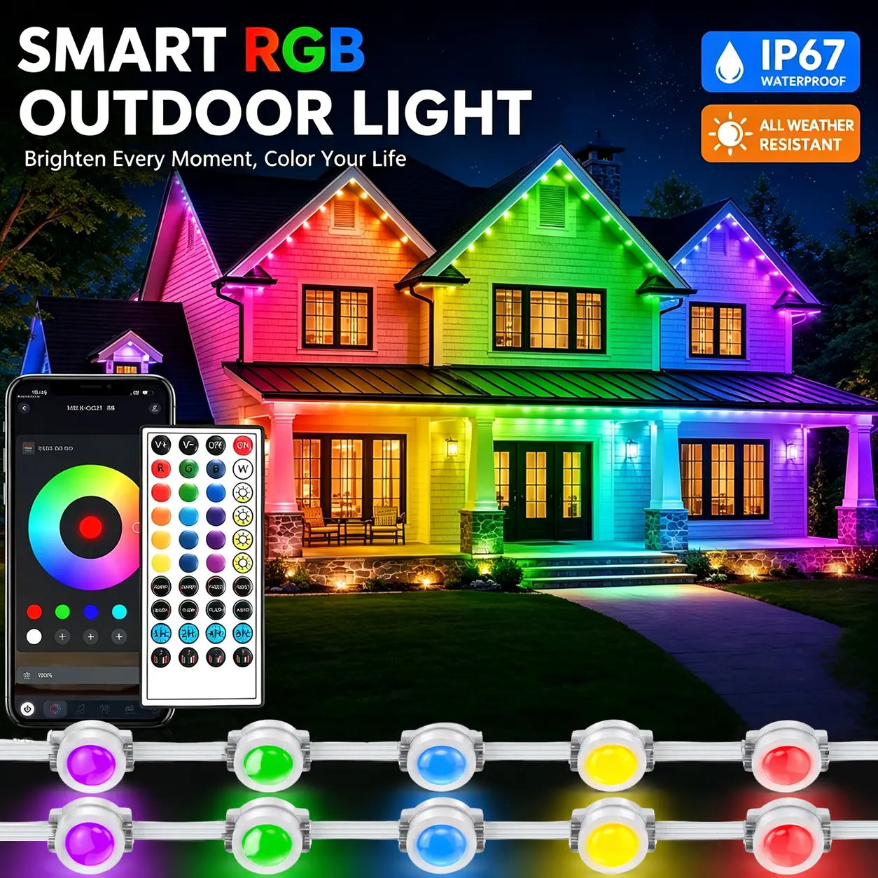 Yocrostar RGB Permanent Outdoor Lights- Waterproof, App/IR Remote Control Smart LED Outdoor Lamp, Color Changing, Music Sync, DIY Scenes for Home Decor, Halloween #SohoChic (Water Resistant)