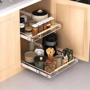 Expandable Pull Out Drawer Cabinet Organizer, Adjustable Width Bottom-Mounted Slide Out Storage Shelves for Cabinets, Required Cabinet Size (14.16"~24.36", D≥17.3"), 1 Pack, Stainless Steel