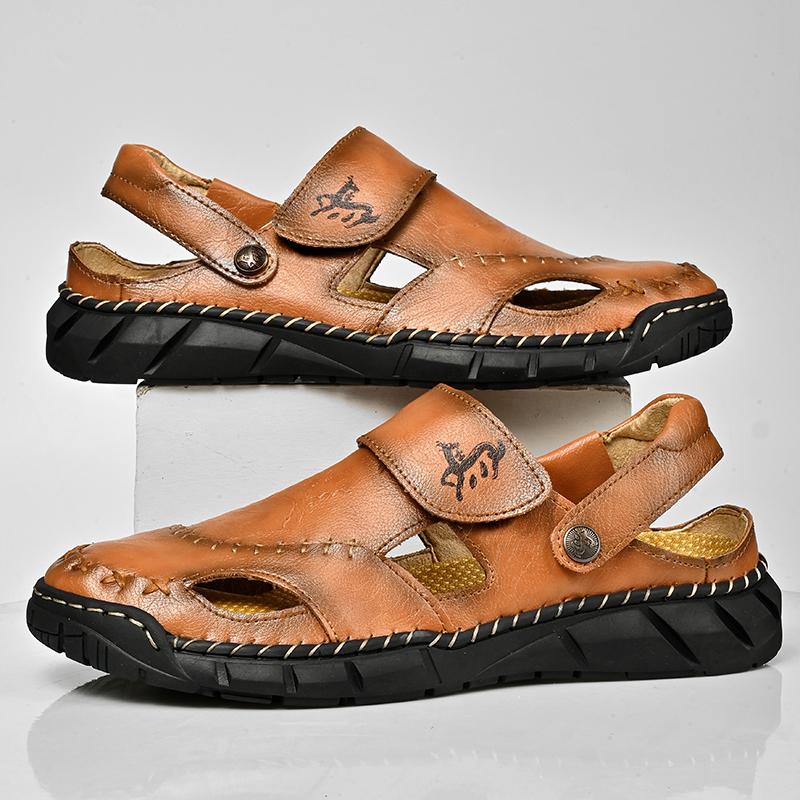 GREKS Men's Casual Hiking Beach Sandals Hand-Stitched Hollow Slip-on Wide Fit Non-Slip Breathable Dark Brown Black