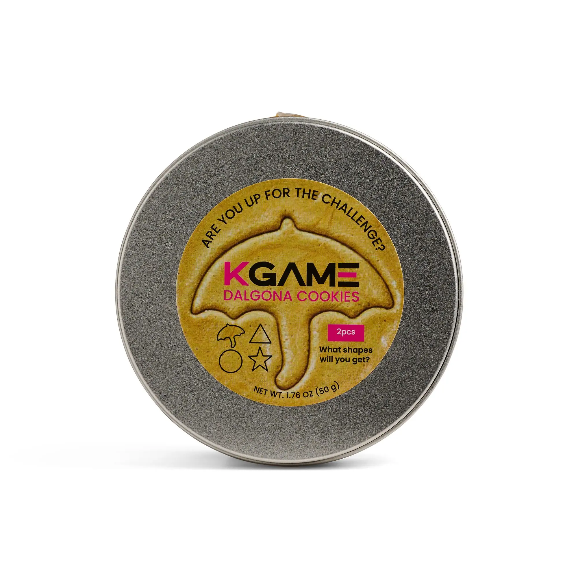 KGAME Dalgona Biscuit Cookies 2 Count Round Fun Shapes Challenge Tin 1.76 oz Snack Tin Perfect for Snacking and Easy Snack