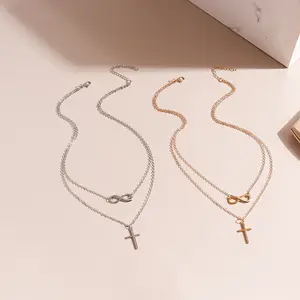 Alloy necklace golden/silver 8-shaped cross double-layer pendant necklace for women daily wear gift