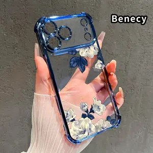 Elegant Floral Branches Pattern Four Corner Anti-Fall Phone Case Transparent Electroplated Protective Cover for iPhone 17 16 Pro Max 15 Plus 14 13 12 11 E Air